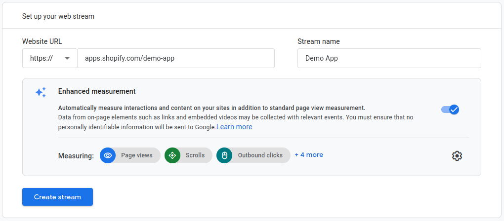 screenshot of create web stream form