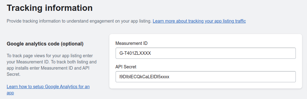 Form to enter Google Analytics tracking information