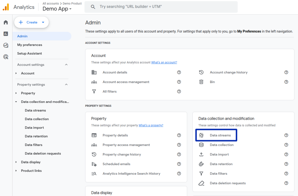 Data steams link in Admin settings