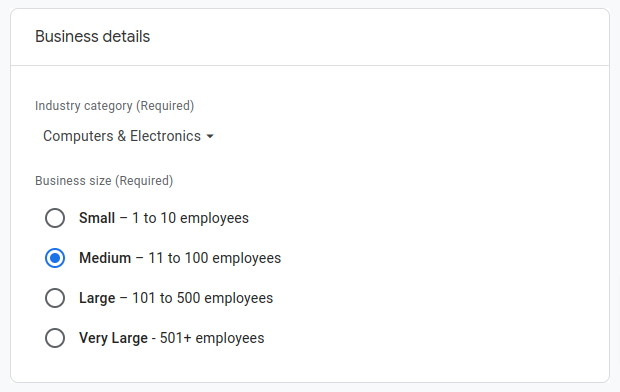 screenshot of business detail form