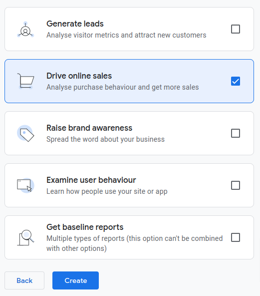 screenshot of business objectives form