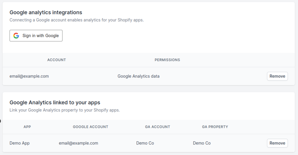 Settings page showing app integration with Google Anlaytics