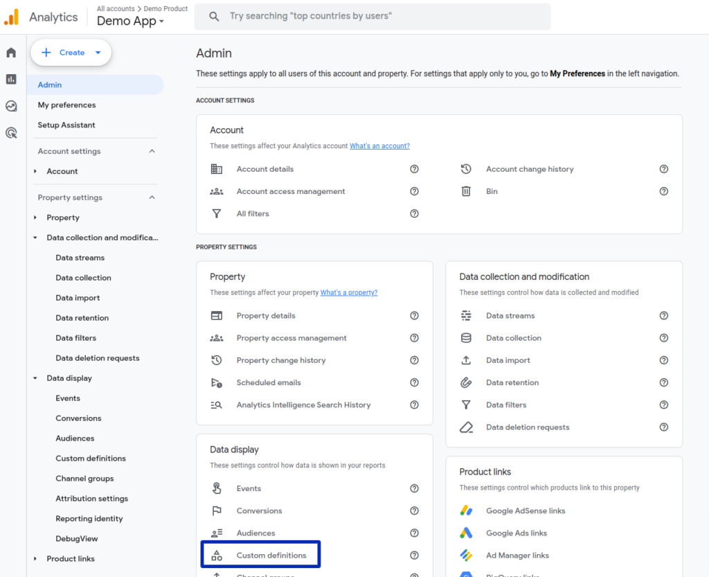 Screenshot showing Custom definitions location in Admin