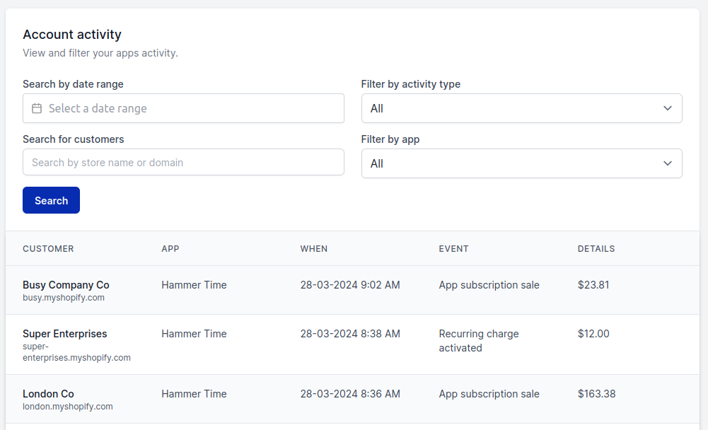 Screenshot of Activity page