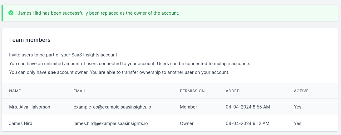 Screenshot of team member settings